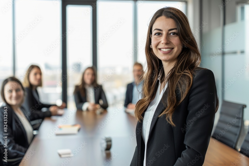 Young successful businesswoman at corporate office looking at camera. Office business portrait Young successful businesswoman at corporate office looking at camera. Office business portrait