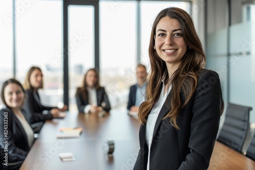 Young successful businesswoman at corporate office looking at camera. Office business portrait