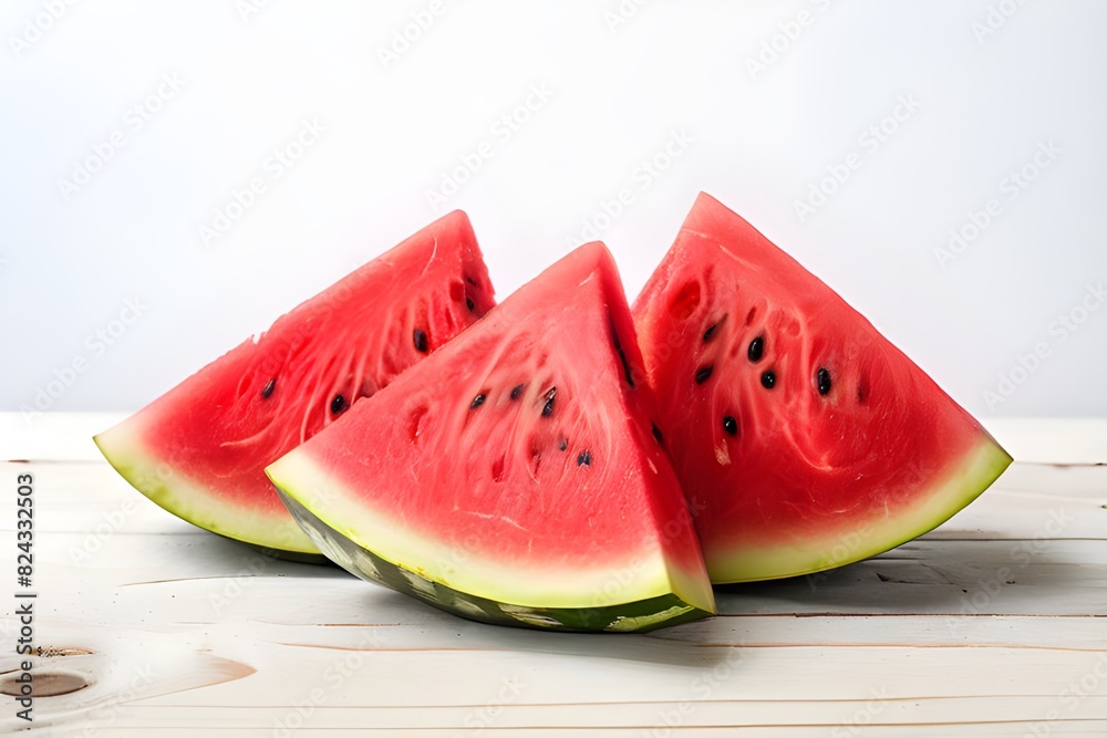 Slices of ripe watermelon on a wooden table against a white wall Slices of ripe watermelon on a wooden table against a white wall