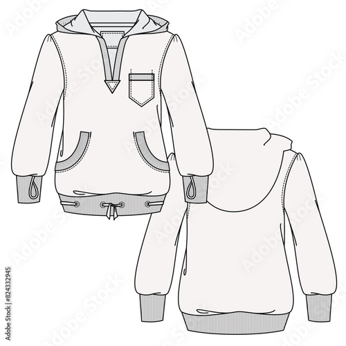 Female reversible hoodie front and back view flat sketch vector illustration mockup template
