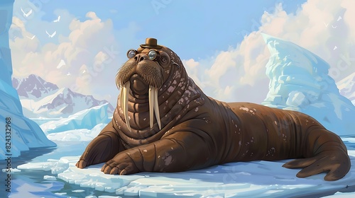 A whimsical walrus with a mustache and monocle looks dapper as it lounges on an iceberg, exuding charm.
