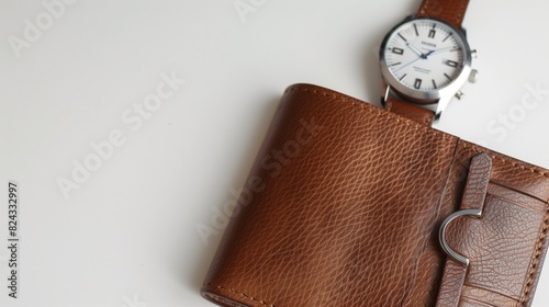 Father's Day image, soft brown leather wallet and watch on a clean white surface