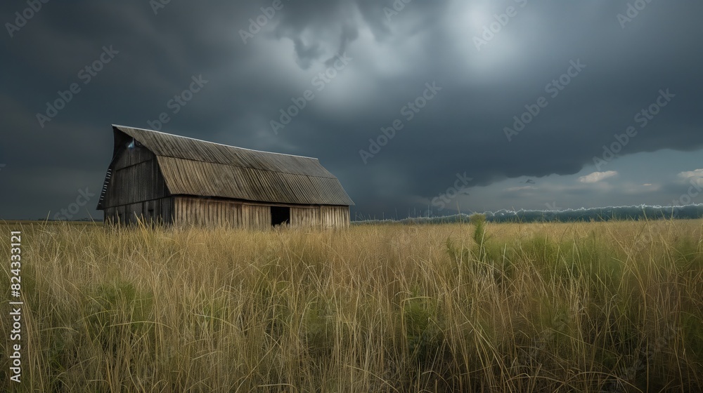 A rustic old barn surrounded by a field of tall wild grass under a stormy sky, capturing a sense of rural decay. A rustic old barn surrounded by a field of tall wild grass under a stormy sky, capturing a sense of rural decay.