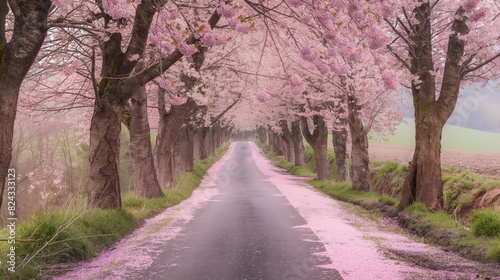 A rural road lined with blooming cherry trees in full spring glory. The road is narrow, and pink petals cover the ground, creating a soft pink pathway. The scene is peaceful and picturesque.  © Nazia