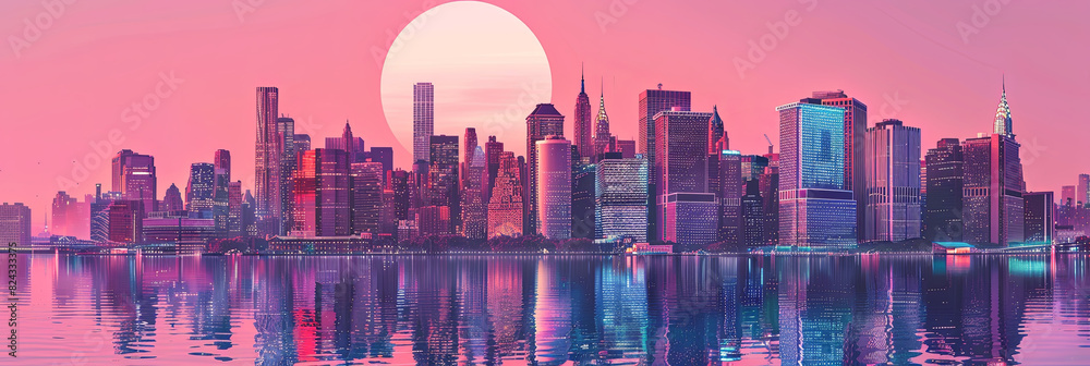 a vibrant digital illustration of the New York city skyline at sunset, generative AI