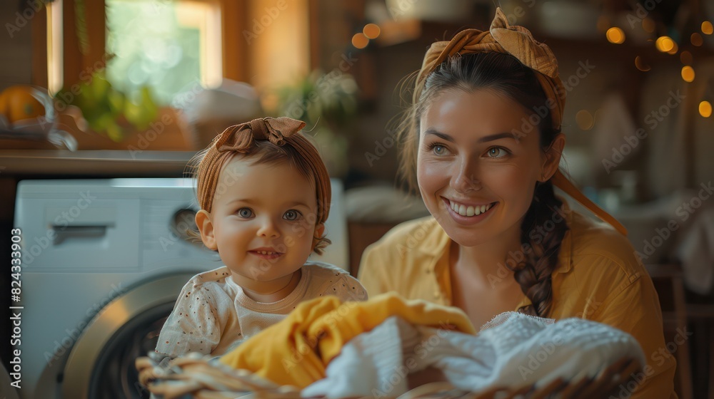 Smiling European mother looking at camera sitting in front of washing machine, handing laundry from basket to her adorable daughter for sniffing after cleaning in home laundry room. Smiling European mother looking at camera sitting in front of washing machine, handing laundry from basket to her adorable daughter for sniffing after cleaning in home laundry room.