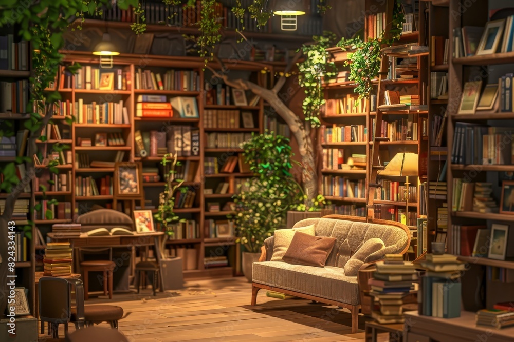 A cozy room filled with bookshelves and a comfortable chair generated by AI A cozy room filled with bookshelves and a comfortable chair generated by AI