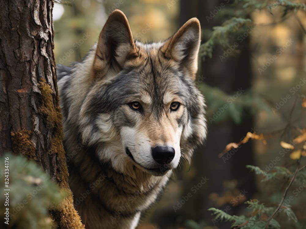 Grey wolf in the foreground in the forest, background blurred, lighting excellent