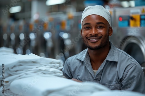 The Creole attendant meticulously folds the sheets. He smiled, satisfied with his role. Behind him he could see a large washing machine. In the laundry room of a luxury 5-star hotel