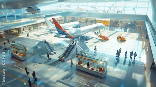 A model of an airport with a blue and white plane on the runway generated by AI