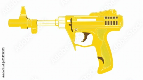 Yellow icon of glue gun on white background. Ideal for sealing and renovation projects. photo