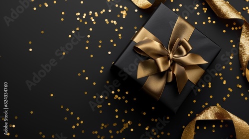 Elegant black gift box, golden bow, black background, glitter confetti, luxury present, festive banner, Black Friday sale, sophisticated celebration