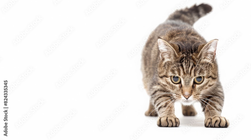 A stealthy cat stalks its prey, low to the ground with eyes locked on target, on a clean white background