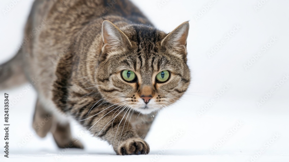 Obraz premium A stealthy cat stalks its prey, low to the ground with eyes locked on target, on a clean white background
