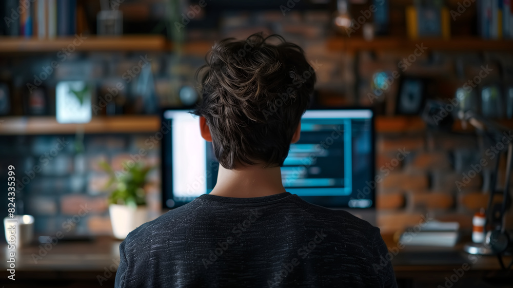the back view of the picture IT guy tries to coding, and programming. the back view of the picture IT guy tries to coding, and programming.