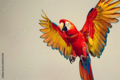 A colorful parrot flaps its wings in mid-flight, displaying its vibrant feathers against a neutral backdrop photo