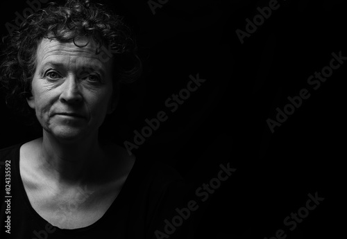 Black and white portrait of a middle aged woman with curly hair. Off center, room for copy. 