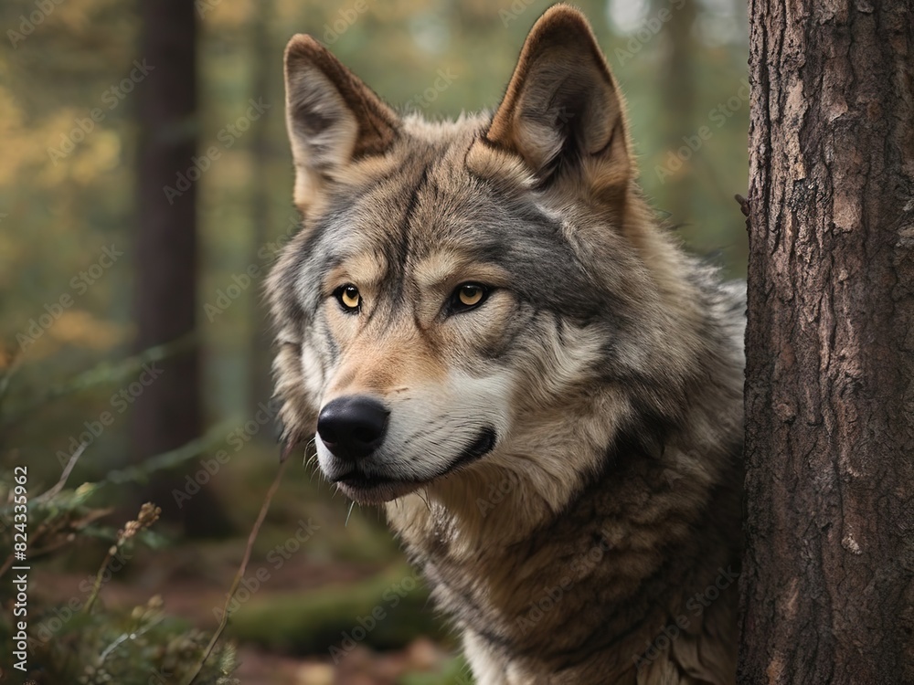 A grey wolf in the forest, close-up, background blurred, good illumination A grey wolf in the forest, close-up, background blurred, good illumination