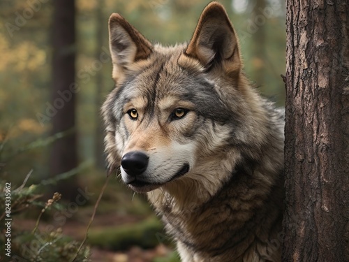 A grey wolf in the forest  close-up  background blurred  good illumination