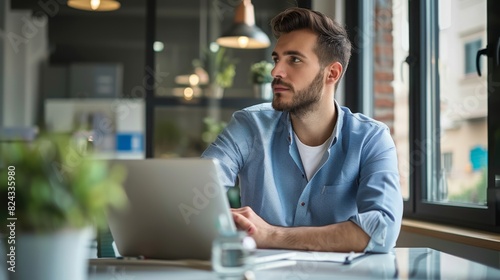 A focused manager sits in a quiet office, having a virtual meeting on a laptop with remote team members, ensuring continuous collaboration and connectivity in a distributed workforce