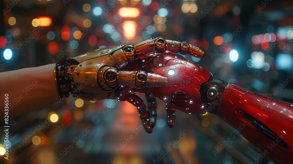 Human and robot hands reach out to each other, fingertips almost ...