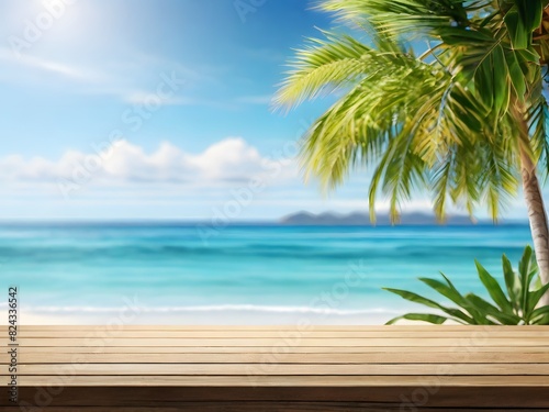 Top of wood table Tropical beach with palm trees and clear blue ocean