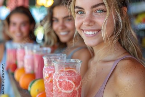 Close-up of a young woman smiling, holding a refreshing pink smoothie at a sunny outdoor market.
