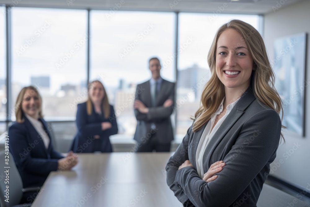 Young successful businesswoman at corporate office looking at camera. Office business portrait Young successful businesswoman at corporate office looking at camera. Office business portrait