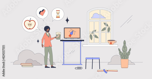 Healthy work habits for daily routine in office tiny person neubrutalism concept. Standing desk, healthy snacks and drink plenty of water for body and mind wellness in workplace vector illustration.