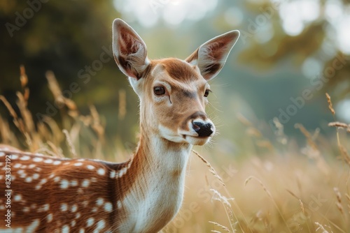 A young deer grazes in a meadow  ears alert and eyes wide  against a simple background to focus on its gentle nature