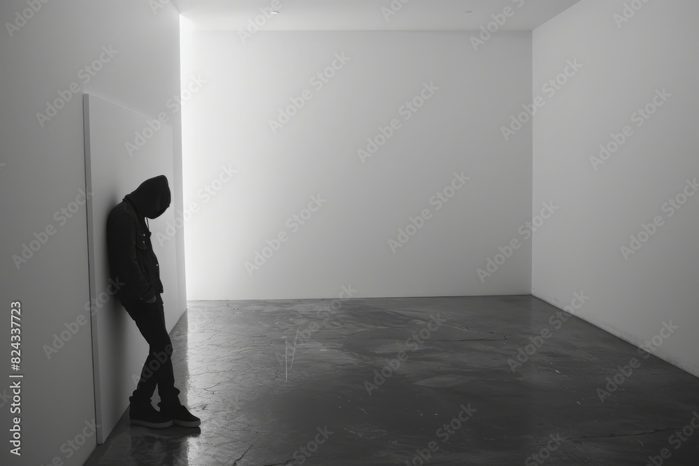 In a minimalist studio, a solitary figure leans against the wall, eyes downcast, lost in thought. The emptiness echoes their internal struggles. In a minimalist studio, a solitary figure leans against the wall, eyes downcast, lost in thought. The emptiness echoes their internal struggles.