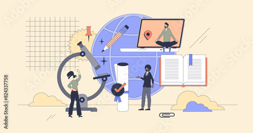 Global education or international graduation tiny person neubrutalism concept. University platform for remote online learning course vector illustration. Student diploma as academic certificate.