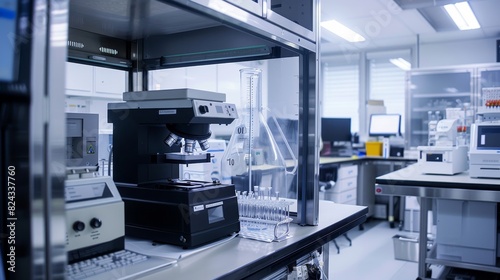 Lab with a computer on a desk and a monitor generated by AI