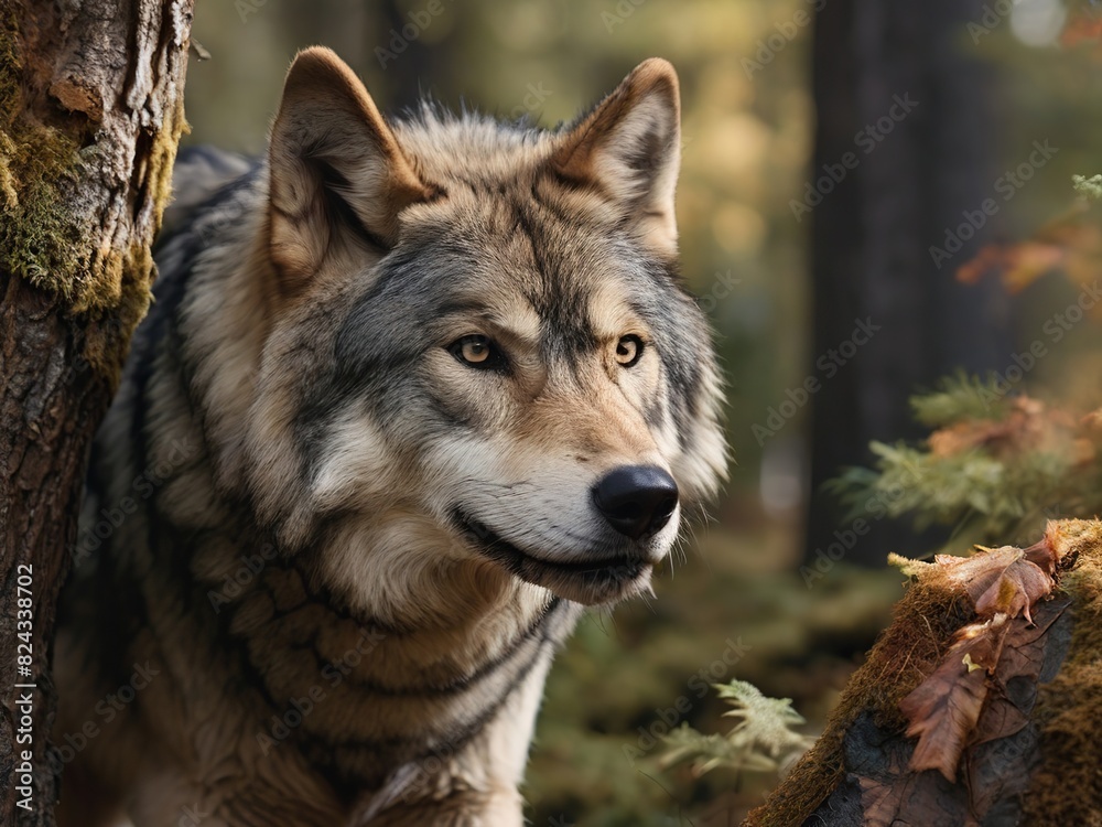Close-up of a grey wolf in a forest environment, blurred background, high-quality lighting