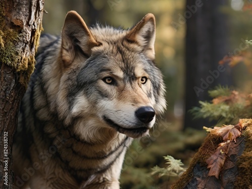 Close-up of a grey wolf in a forest environment  blurred background  high-quality lighting