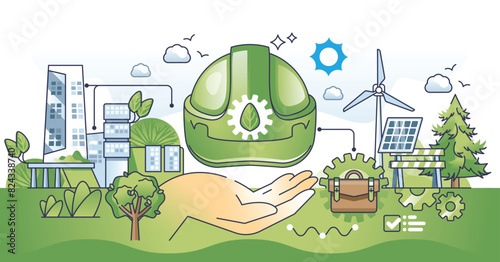 Green jobs and nature friendly industry development outline hands concept. Sustainable and environmental occupation in renewable energy sector vector illustration. Work with clean power generation.