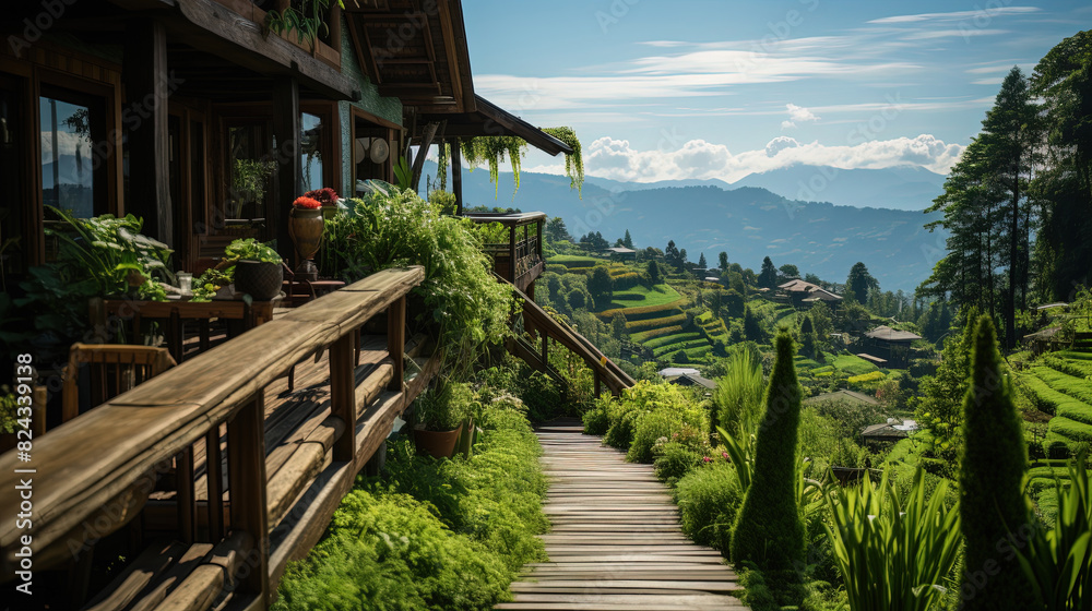 Cabin With Green Rice Paddy On Mountains Landscape Background