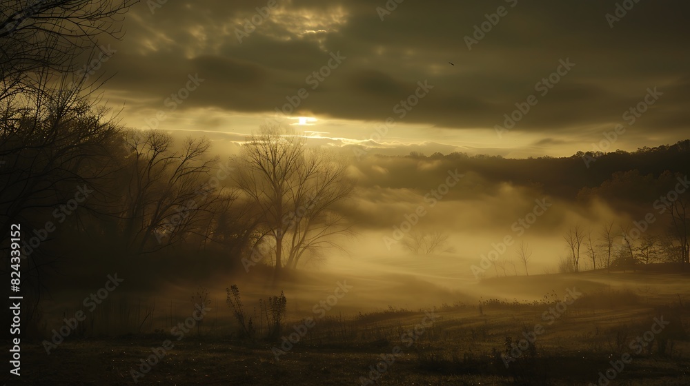 Eerie mist rises from the ground, enveloping the landscape in an otherworldly glow on Halloween eve.