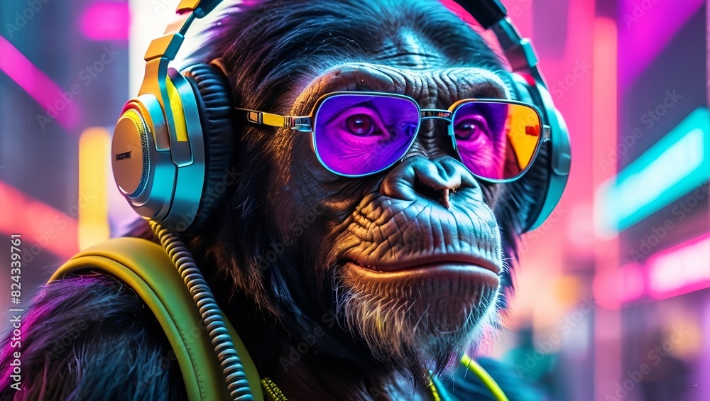 futuristic and technologically a chimpanzee in a neon cyberpunk mirror sunglasses headphones natural and the artificial