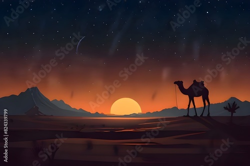 Desert night landscape with camel