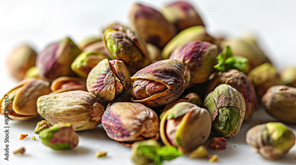 Delicious Fresh Pistachios on Defocused White Background Delicious Fresh Pistachios on Defocused White Background