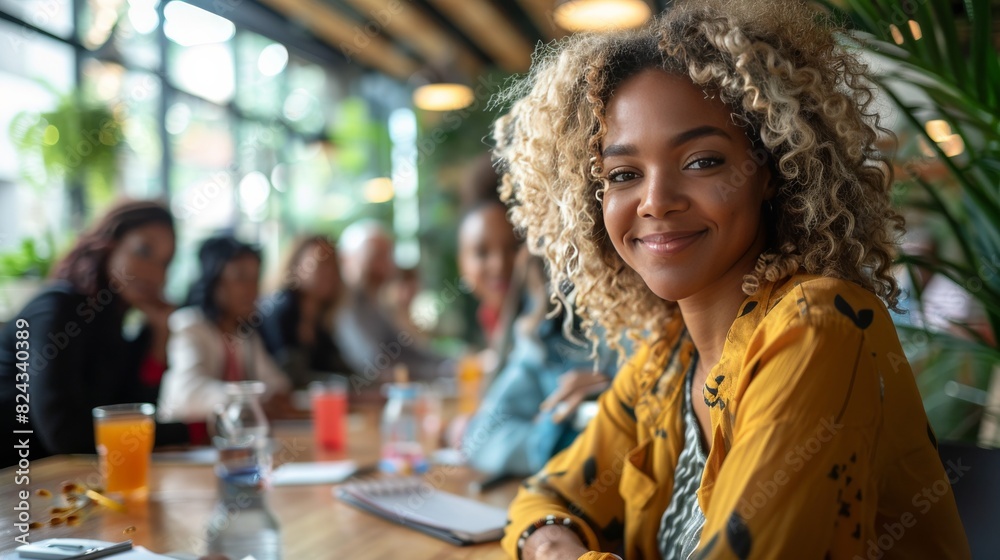 Smiling African American Woman with Curly Hair at Meeting Table Smiling African American Woman with Curly Hair at Meeting Table