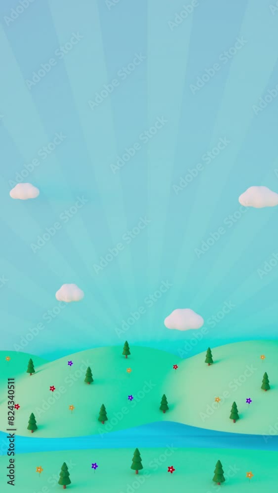 Meadow background loop for kids with sun rays, trees, river, flowers and mountains 3d animation. Meadow background loop for kids with sun rays, trees, river, flowers and mountains 3d animation.
