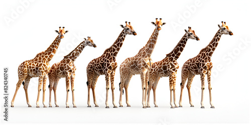 Reticulated Giraffe family, mothers and young, isolated on white background. 