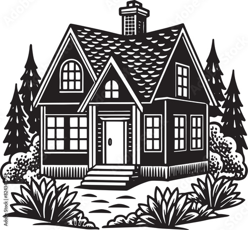hand drawn house with trees illustration black and white