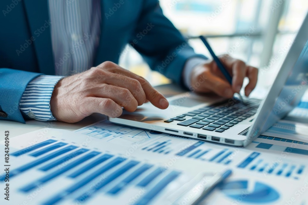 Businessman working on a laptop with charts and graphs, analyzing financial data and planning strategy in an office environment. Businessman working on a laptop with charts and graphs, analyzing financial data and planning strategy in an office environment.
