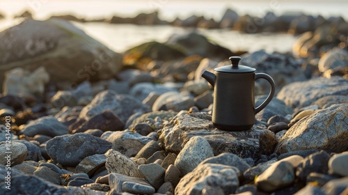 Coffee pot on a rocky shoreline, close-up view, highlighting the juxtaposition of the sleek pot and rugged rocks, natural outdoor setting