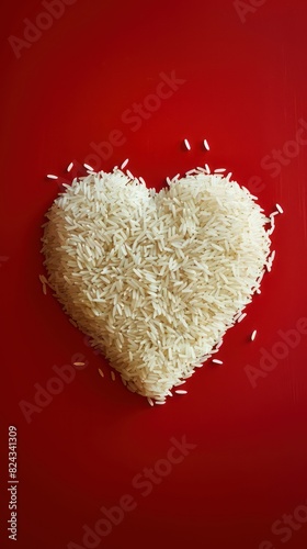 A heart made of rice, red background