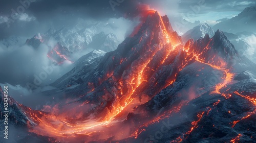 A mountain peak with a glowing red path to the top, AI Generative