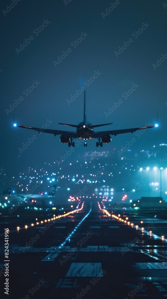 a plane coming into land at an air port at night a plane coming into land at an air port at night